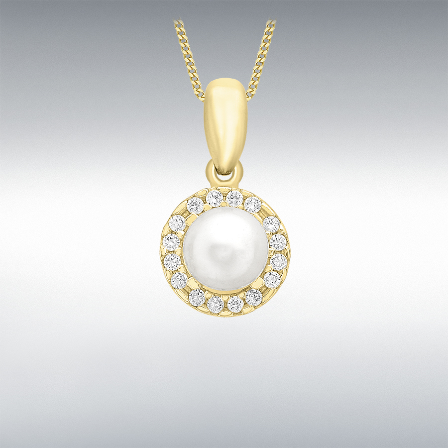 9ct Yellow Gold CZ and 5mm Freshwater Pearl 8mm x 15mm Pendant