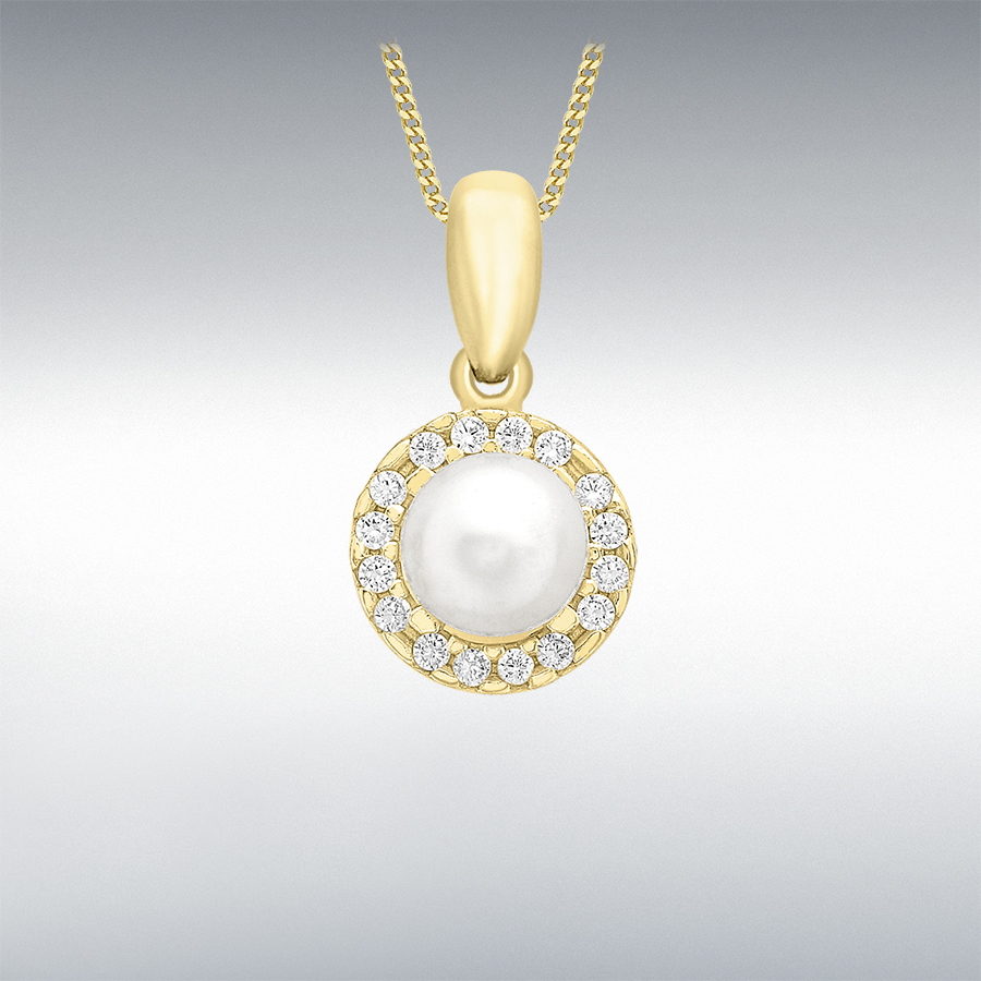 9ct Yellow Gold CZ and 5mm Freshwater Pearl 8mm x 15mm Pendant