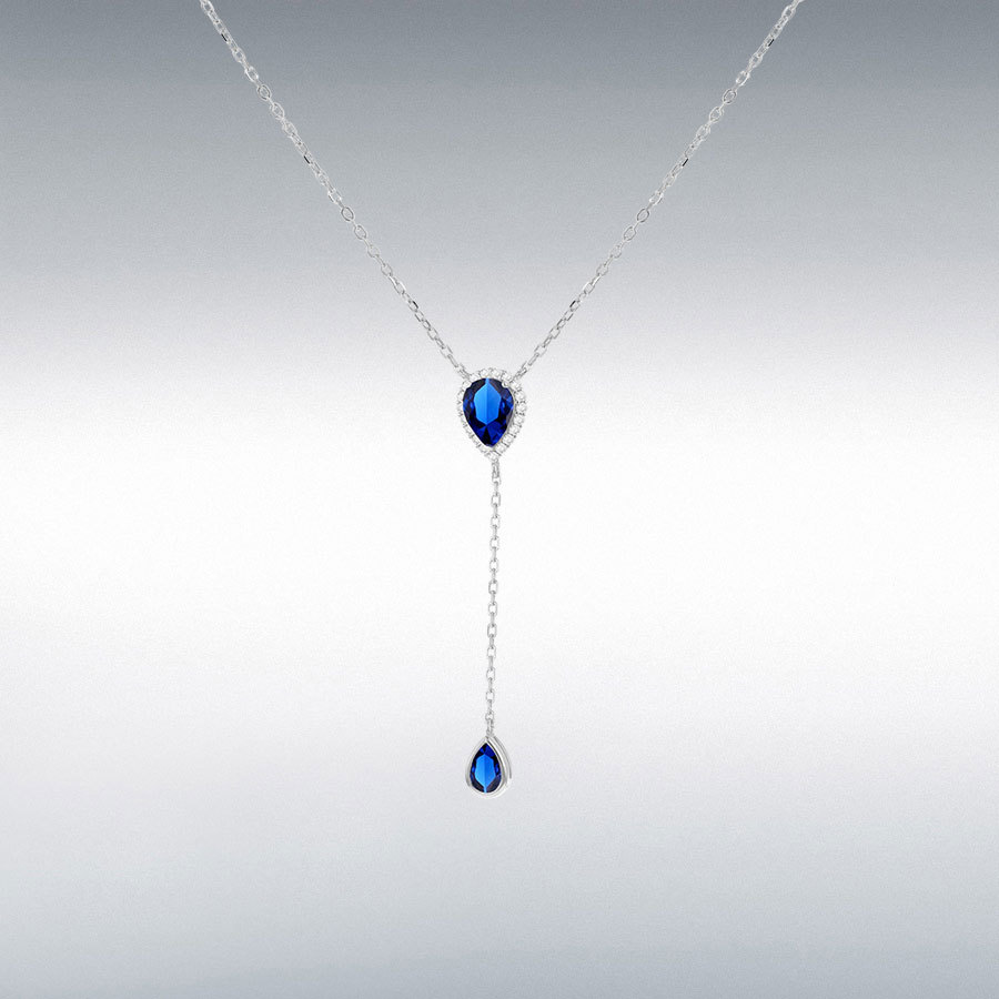 Sterling Silver Rhodium Plated Blue and White CZ Teardrop Adjustable Lariat Necklace 38cm/15"-43cm/17"