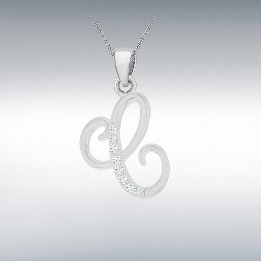  Sterling Silver Rhodium Plated CZ 12mm x 19mm Script 'C' Initial Pendant