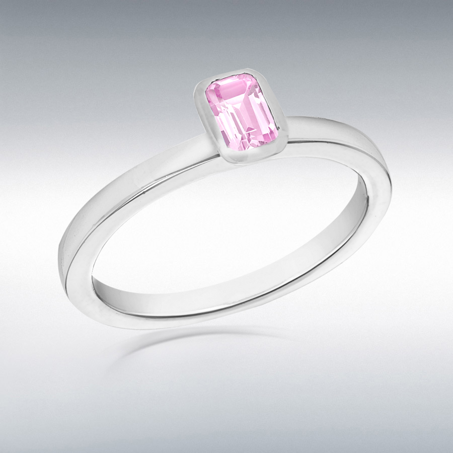 Sterling Silver Pink Rectangle CZ Solitaire Square-Tube Band Ring