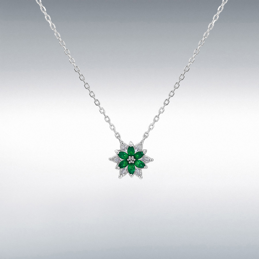 Sterling Silver Rhodium Plated  White CZ and Green Nano 12mm Flower Necklace 40cm/15.75"-45cm/17.75"