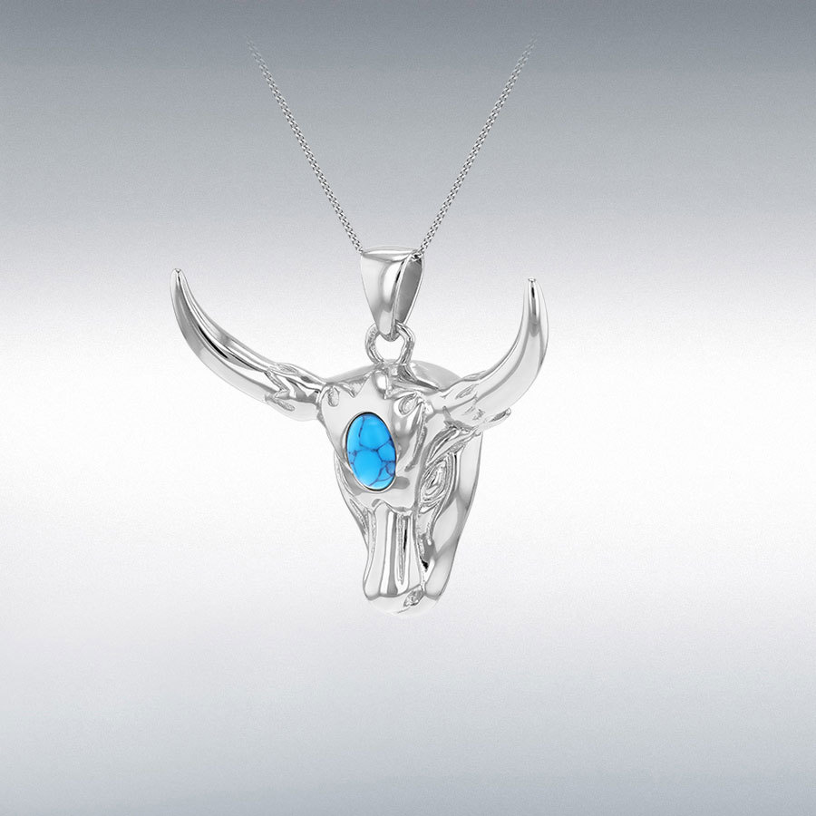 Sterling Silver Rhodium Plated Large Steer Head Pendant with 5x7mm Oval Synthetic Turquoise