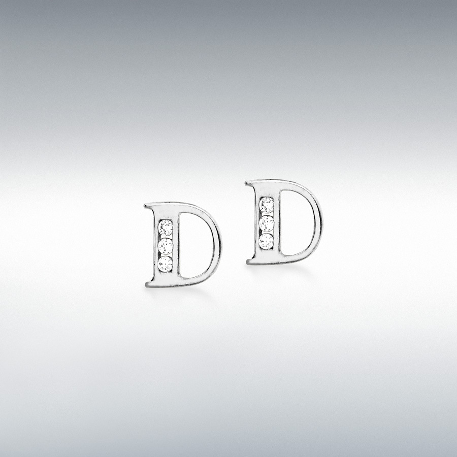 9ct White Gold CZ 6mm x 6mm 'D' Initial Stud Earrings