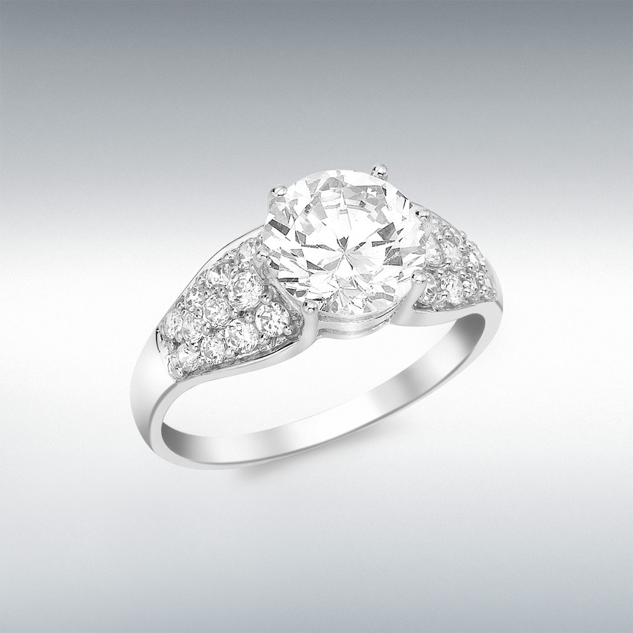 9ct White Gold 8mm CZ Solitaire and CZ Pave Set Ring