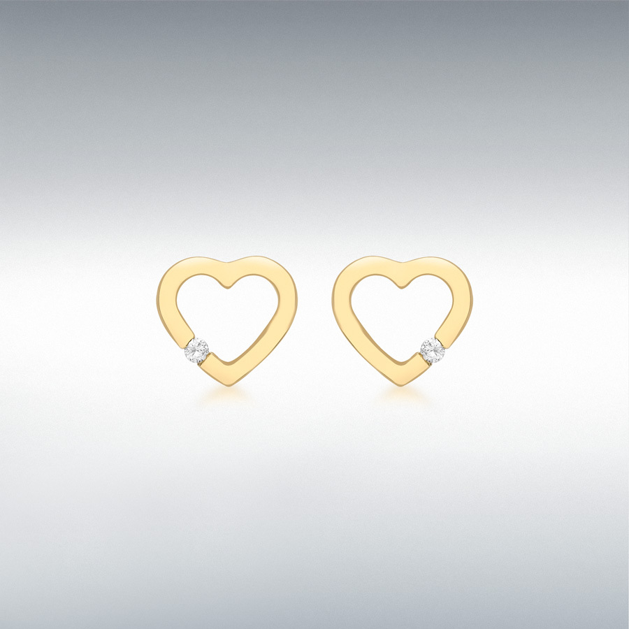 9ct Yellow Gold 0.07ct Diamond 11mm x 10mm Heart Stud Earrings
