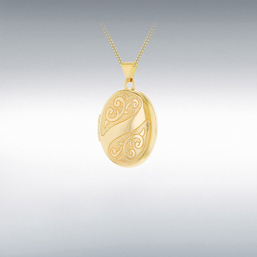 9ct Yellow Gold Engraved Oval Flower Locket Necklace