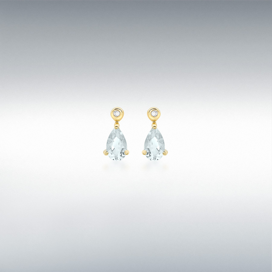 9ct Yellow Gold 0.01ct Diamond and 4mm x 5mm Aquamarine Pear 4mm x 8mm Drop Earrings