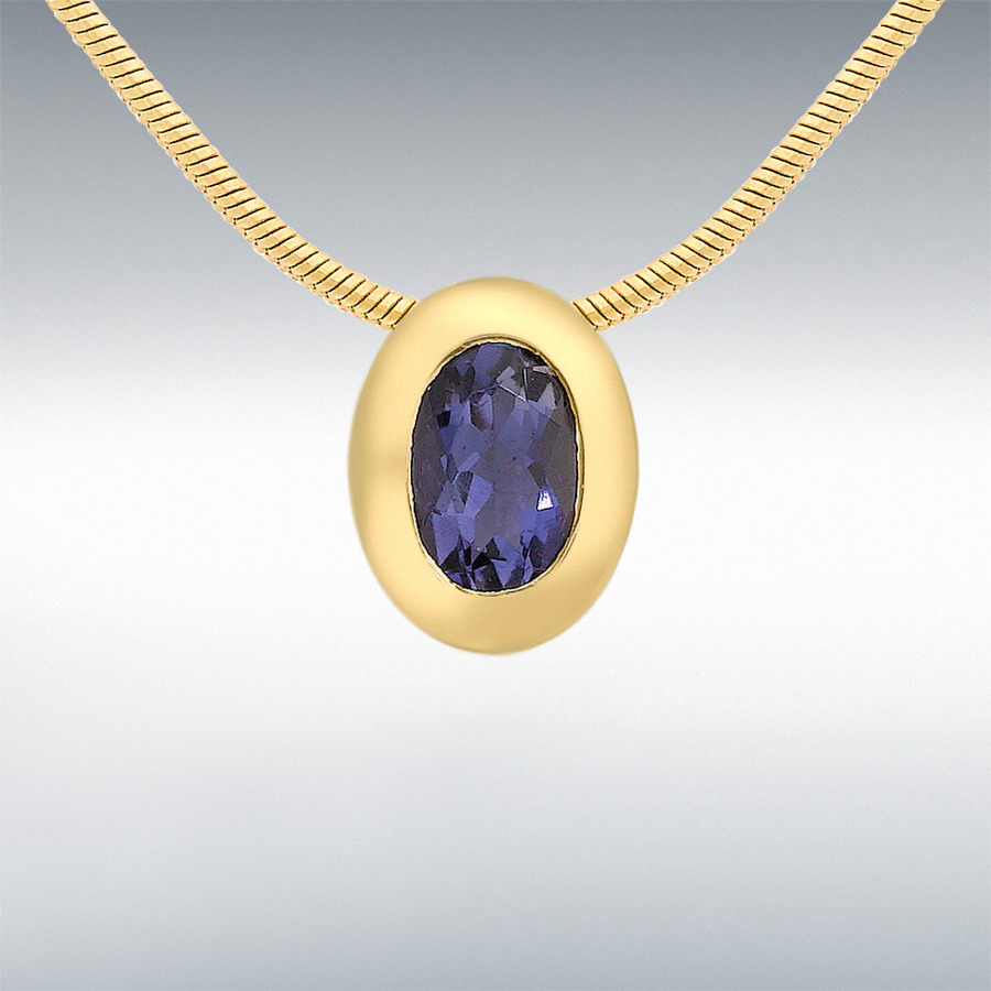 9ct Yellow Gold Iolite 7mm x 9mm Oval Pendant on Snake Chain 41cm/16"
