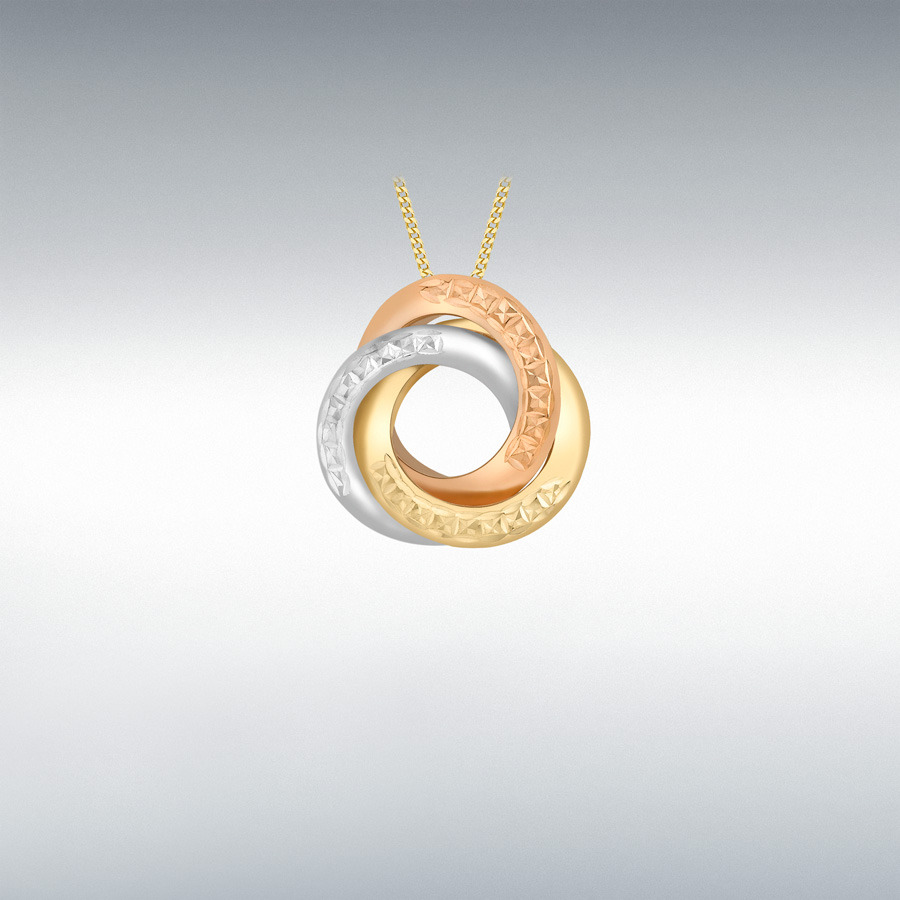 9ct 3-Colour Gold 15mm Diamond Cut Rings Pendant