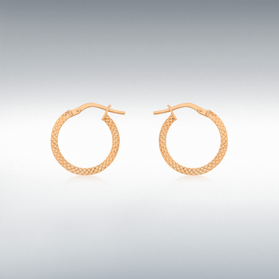 9ct Rose Gold 2mm Tube 15mm Cobra-Textured Hoop Creole Earrings