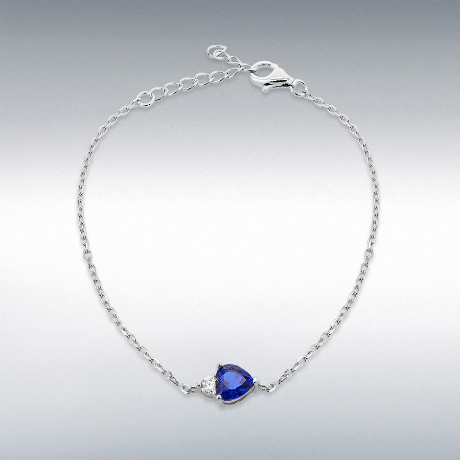 Sterling Silver Rhodium Plated 6mm Heart Shape Synthetic Blue Spinel with 3mm Round White CZ Bracelet