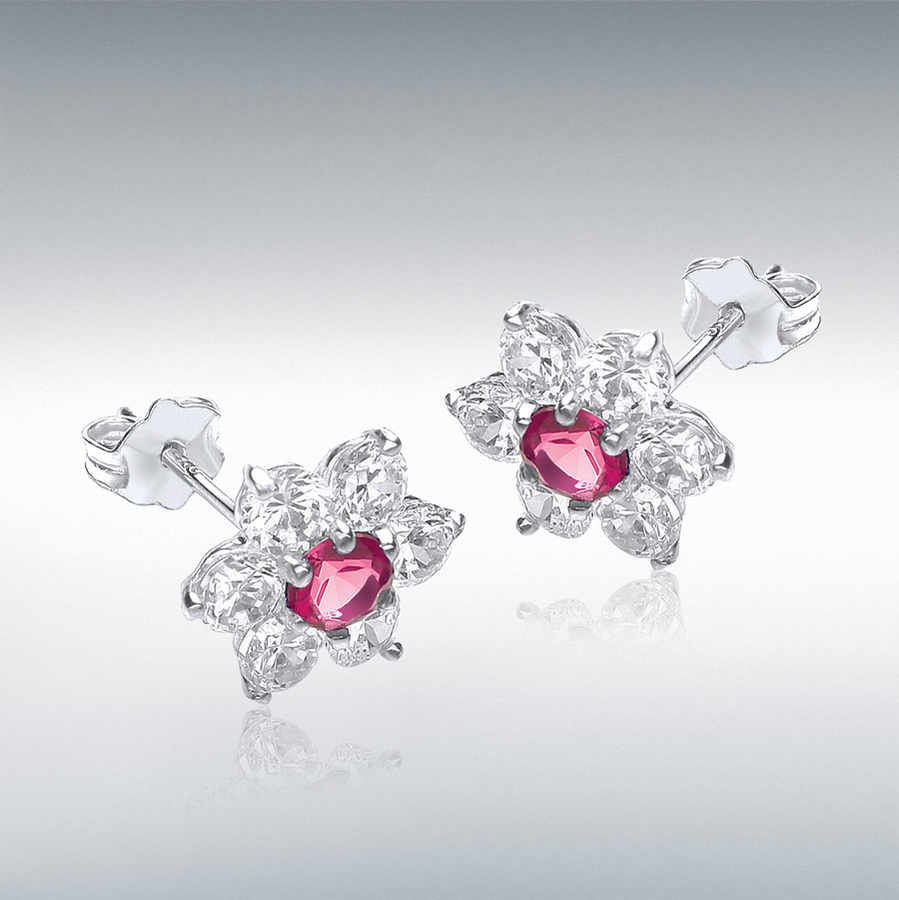 9ct White Gold Red and White CZ 10mm x 10mm Flower Cluster Stud Earrings