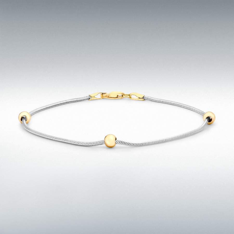 9ct 2-Colour Gold Ball and Hexagonal Snake Chain Bracelet 18cm/7"