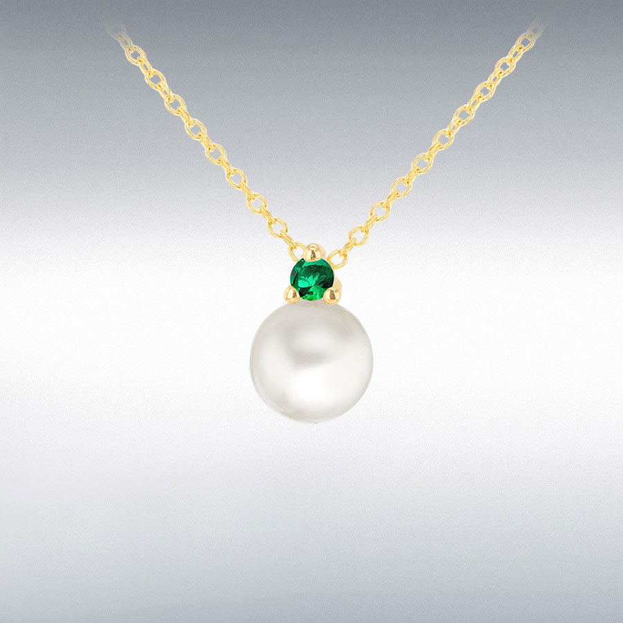 9ct Yellow Gold Round Pearl with Green CZ Adjustable Necklace