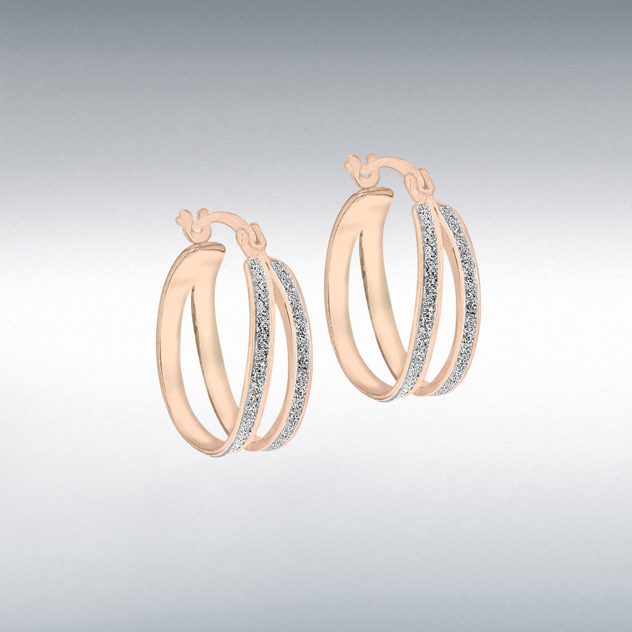 Sterling Silver Rose Gold Plated 15mm White Stardust Double Hoop Creole Earrings