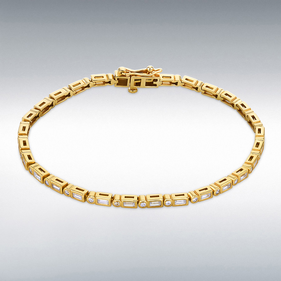 Sterling Silver Gold Plated White Baguette and Round CZ Tennis Bracelet 19cm/7.5"