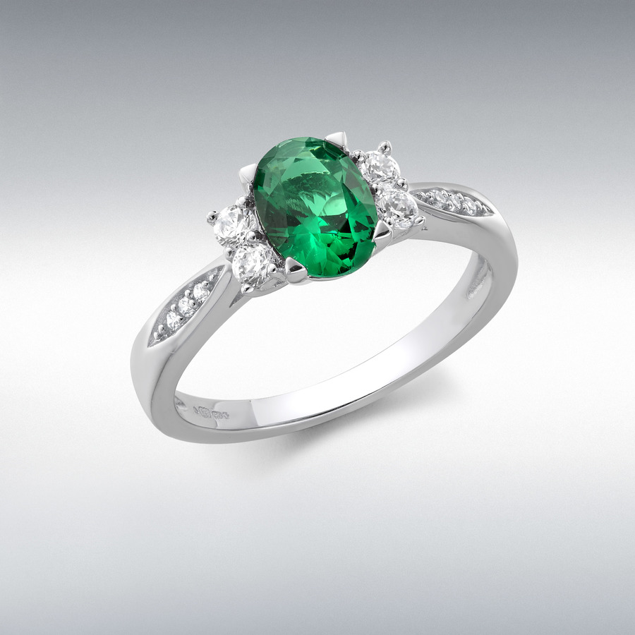 9ct White Gold CZ and Nano Emerald Tapered-Shoulder Ring