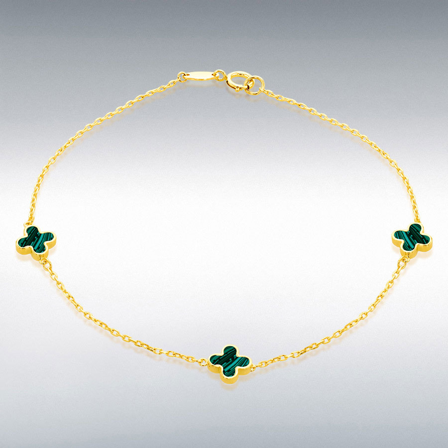 9ct Yellow Gold 3 x 6.5mm Malachite Clover Petals Bracelet 19cm/7.5"