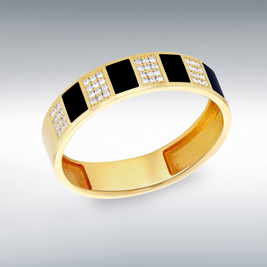 9CT YELLOW GOLD BLACK ENAMEL WITH DIAMONDS WIDE 5-STRIPE BAND RING