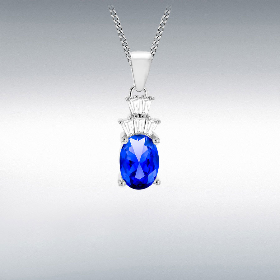 STERLING SILVER RHODIUM PLATED 5MM X 18MM BLUE OVAL CZ PENDANT