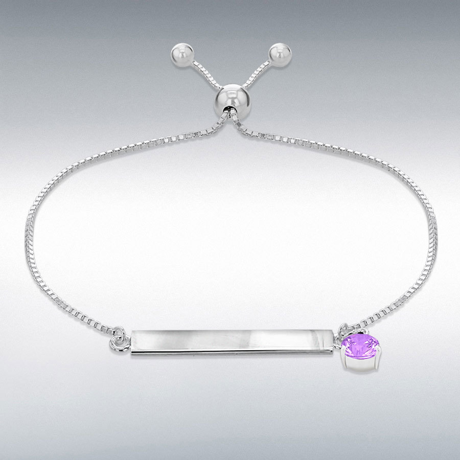 Sterling Silver Purple 5mm CZ February Birthstone Adjustable Slider ID Bracelet 23cm/9"