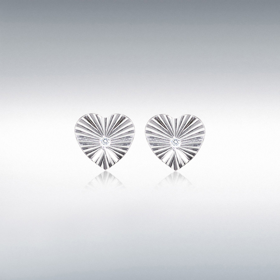 Sterling Silver CZ 10mm x 10mm Concertinaed-Heart Stud Earrings