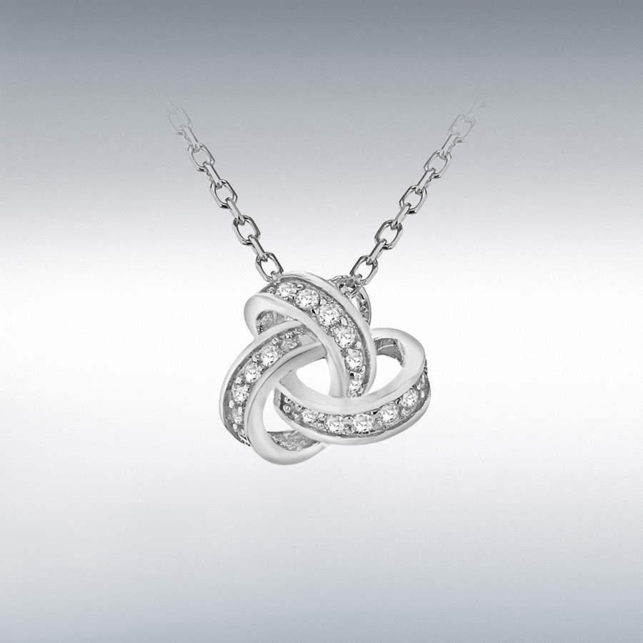 Sterling Silver Rhodium Plated CZ 13mm x 12mm Knot Adjustable Necklace 43cm/17"-46cm/18"