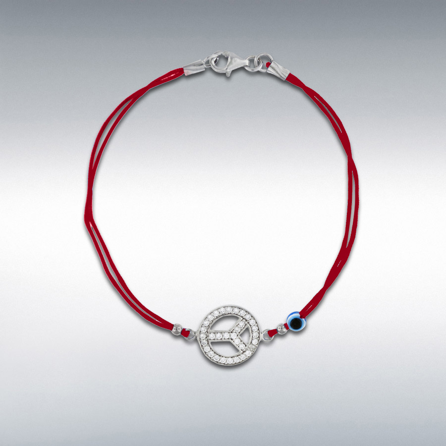 Sterling Silver White CZ 12.5mm x 12.5mm Peace Sign and Bead Red Cord Bracelet 18cm/7''