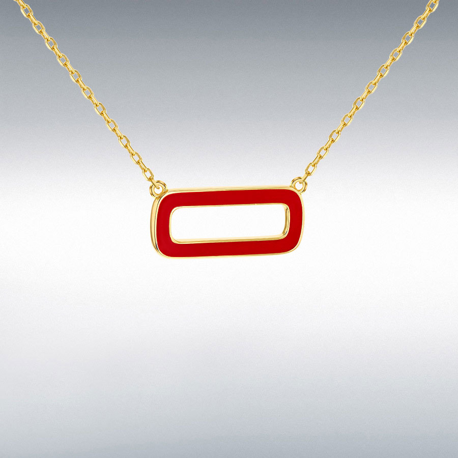Sterling Silver Yellow Gold Plated Red Enamel Rectangle Frame Necklace