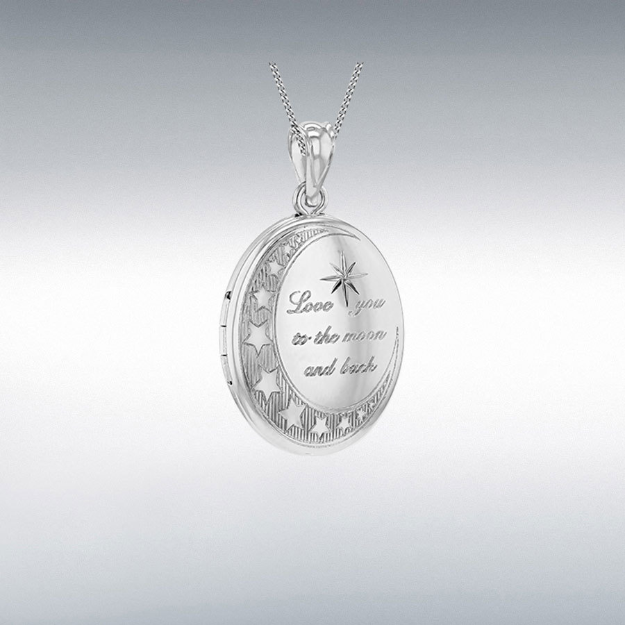 Sterling Silver Rhodium Plated Oval Shape Moon and Star "Love You to the Moon and Back" Medium Locket Pendant 