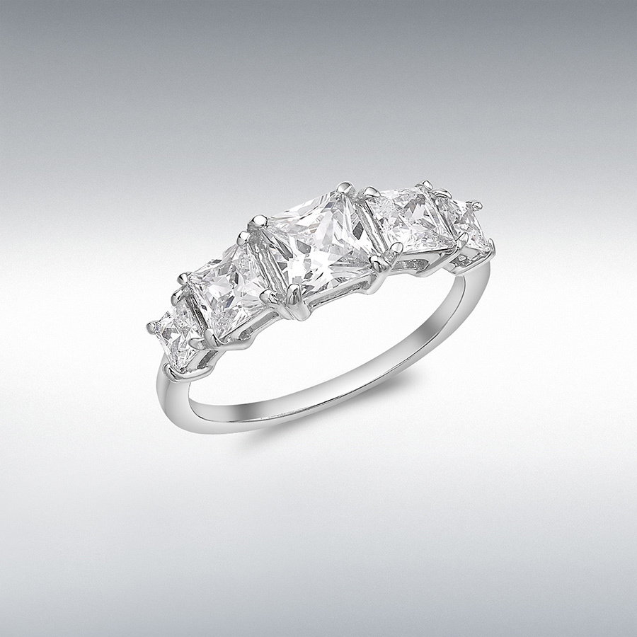9ct White Gold Princess Cut CZ Graduated 5-Stone Ring