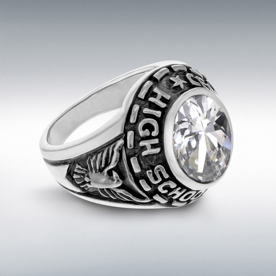 Sterling Silver Oxidised White CZ 18.5mm Central High School Ring