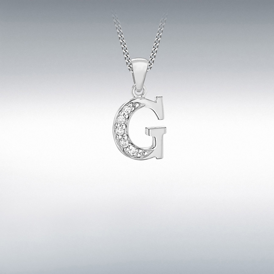Sterling Silver Rhodium Plated CZ 9.3mm x 18.9mm 'G' Initial Pendant