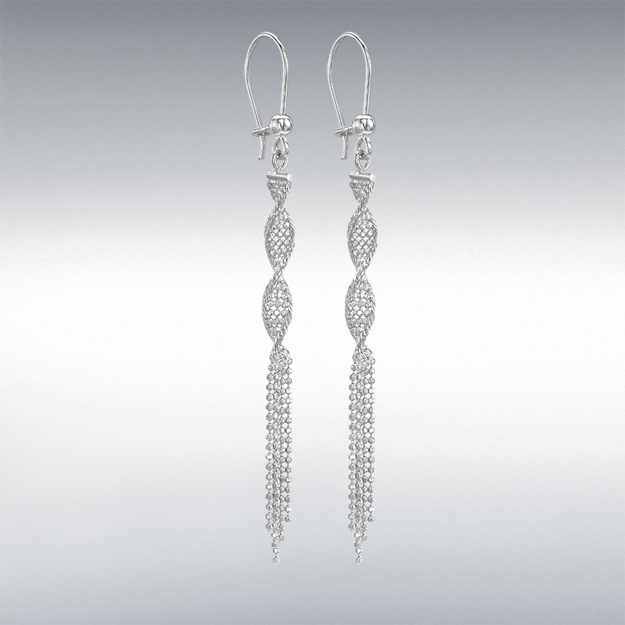 9ct White Gold 4mm x 69mm Diamond Cut Ball-Twist-Tassel Drop Earrings