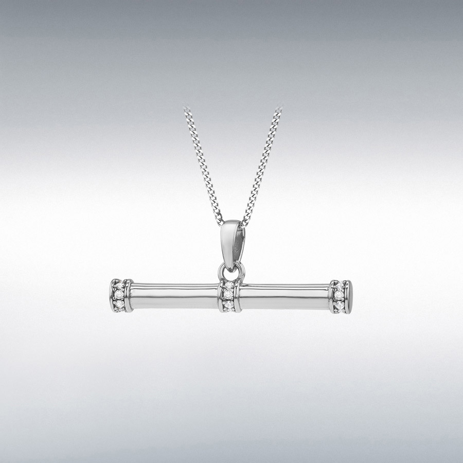 Sterling Silver Rhodium Plated 1.1mm CZ 29mm x 2.8mm Round T-Bar Pendant