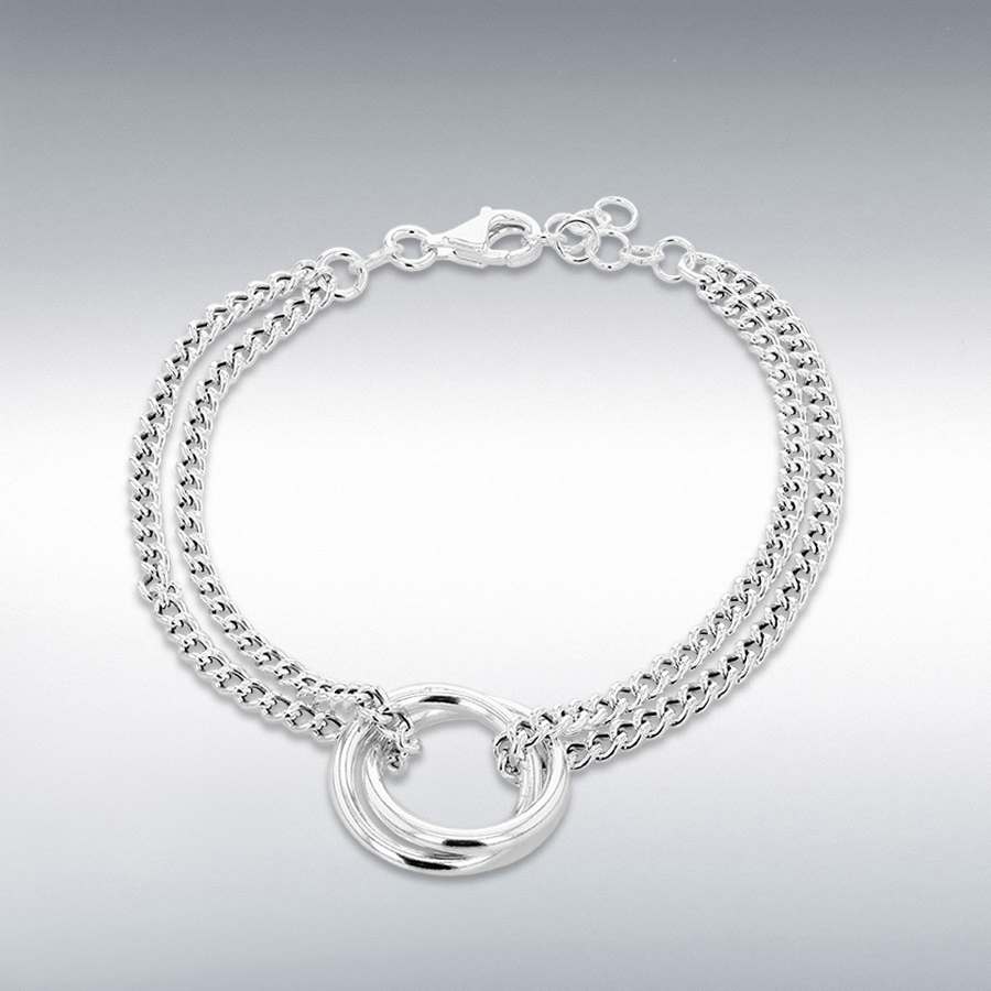 Sterling Silver Linked-Rings Double-Curb Chain Adjustable Bracelet 16.5cm/6.5"-19cm/7.5" 
