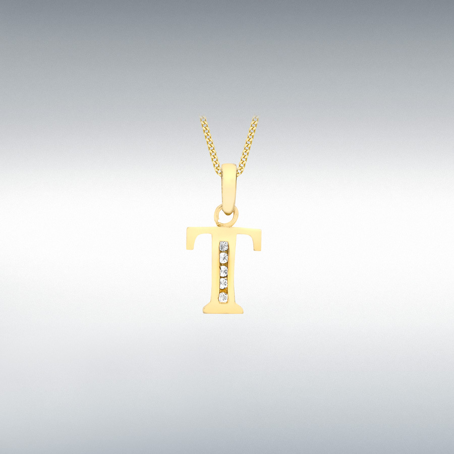 9ct Yellow Gold CZ 8mm x 12mm 'T' Initial Pendant