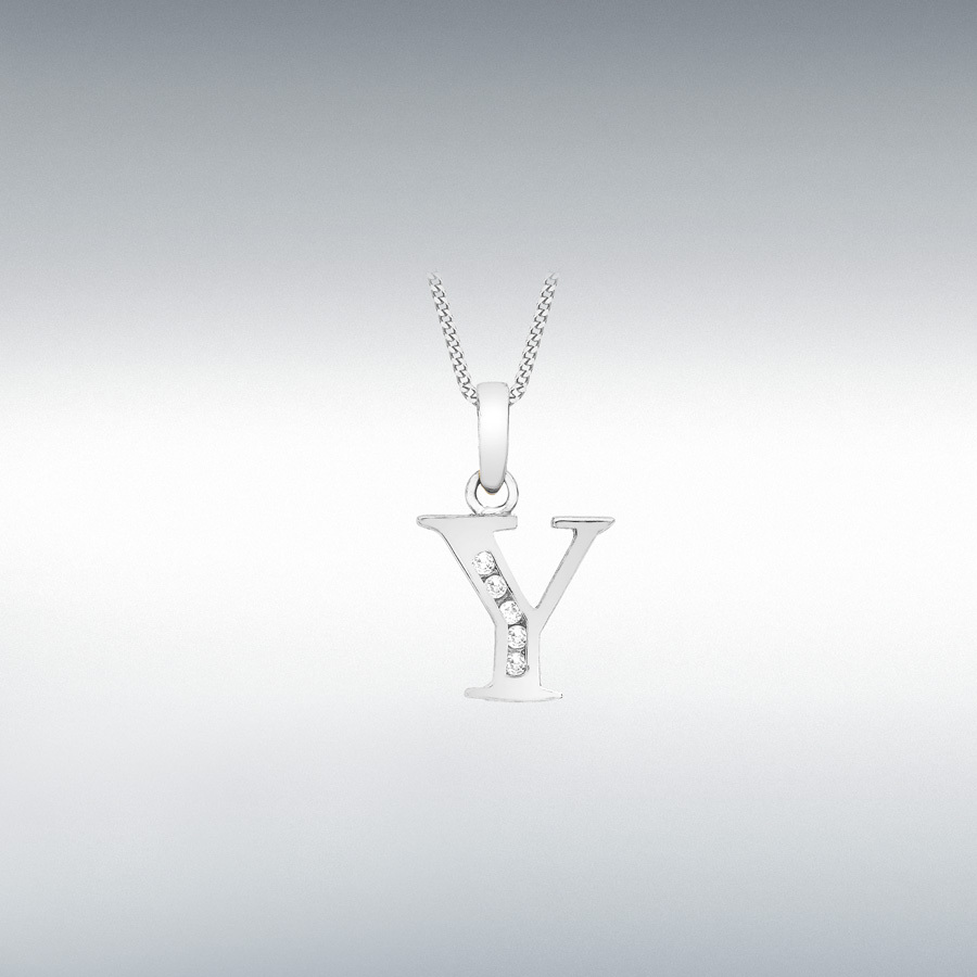 9ct White Gold CZ 10mm x 12mm 'Y' Initial Pendant