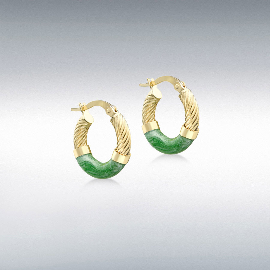 9ct Gold 16.5mm Green Enamel Twist-Tube Hoop Creole Earrings