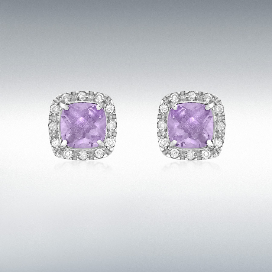 9ct White Gold 0.10ct Diamond and Cushion Cut Amethyst 8mm x 8mm Stud Earrings