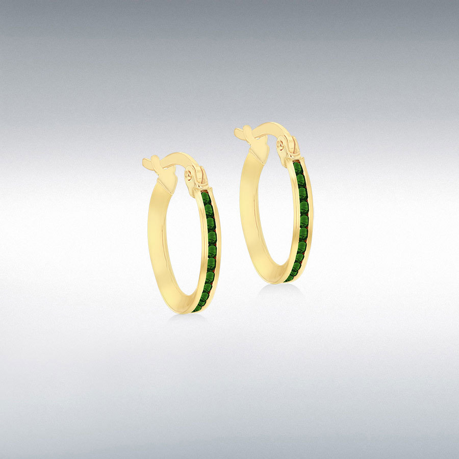 9ct Yellow Gold 1mm Round Green CZs 14mm Endless Slim Hoop Earrings