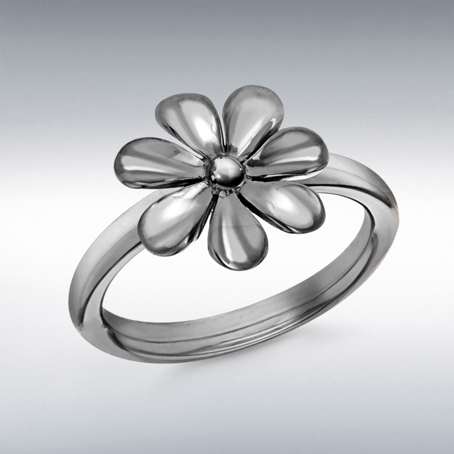 Sterling Silver Black Rhodium Plated Flower Stacking Ring