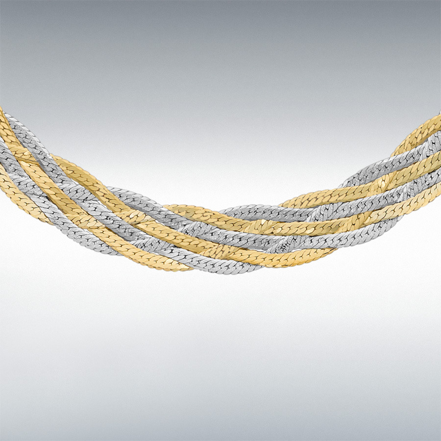 9ct 2-Colour Gold 6-Plait Textured Herringbone Necklace 46cm/18"