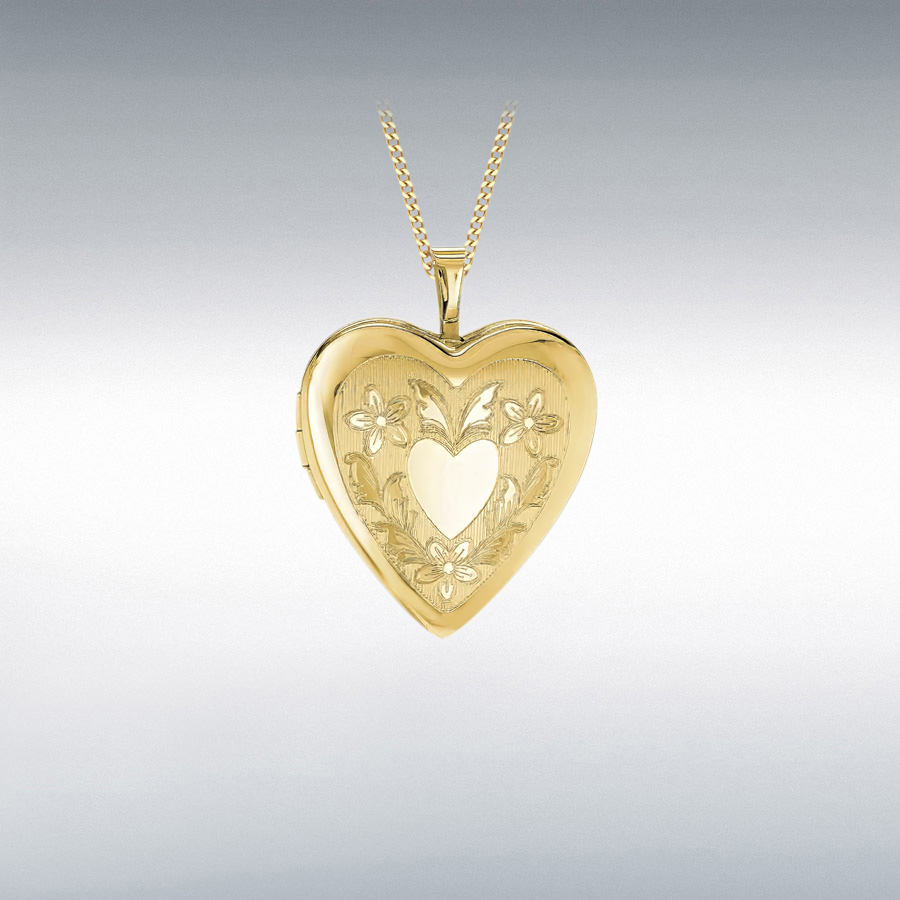Sterling Silver Yellow Gold Plated 20mm x 25mm Etched Wings and Heart Detail Heart Locket