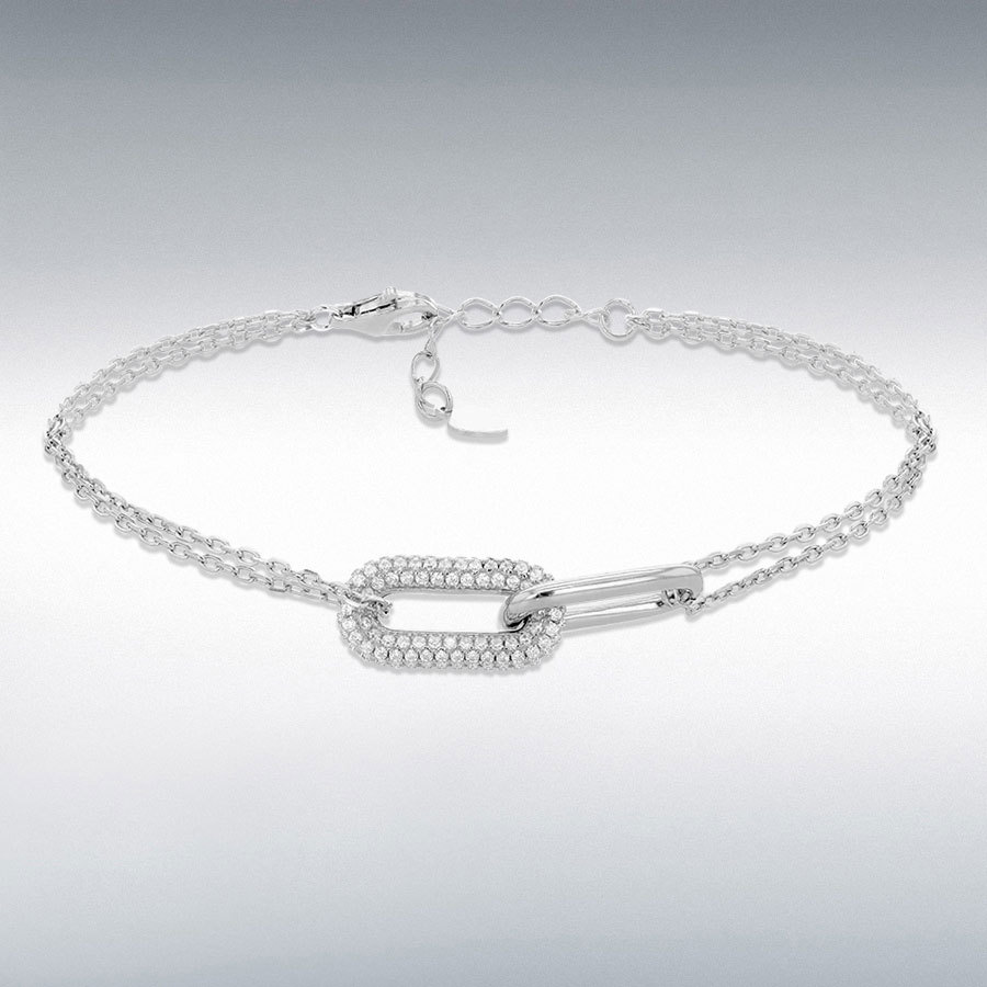 STERLING Silver Rhodium Plated 28mm x 8.5mm Paper Link with CZ Adjustable Bracelet 18cm/7"-20cm/8"