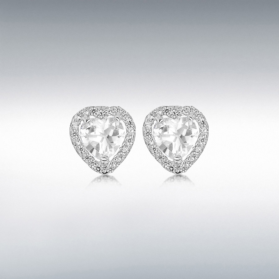 9ct White Gold 6mm x 6mm CZ Heart and 42 x 1mm CZ Pave Set 9mm x 9mm Stud Earrings