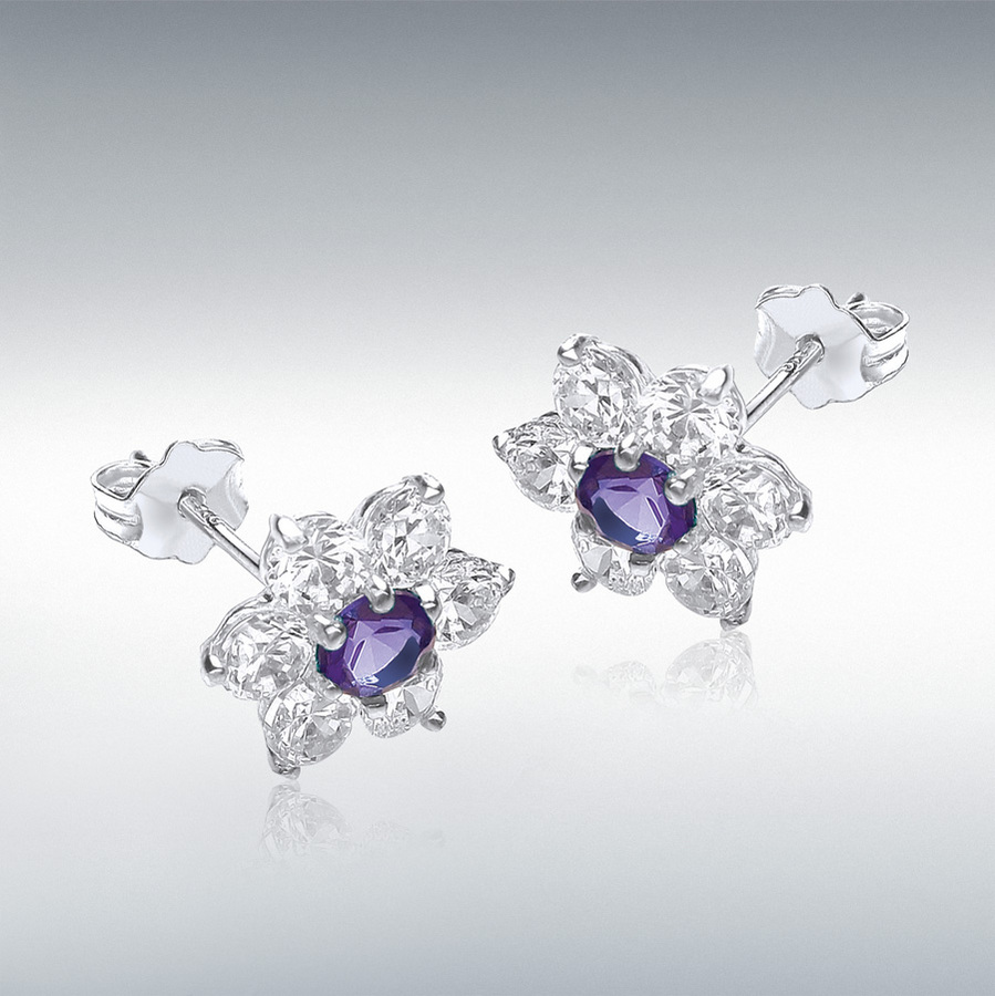 9ct White Gold Purple and White CZ 10mm x 10mm Flower Cluster Stud Earrings