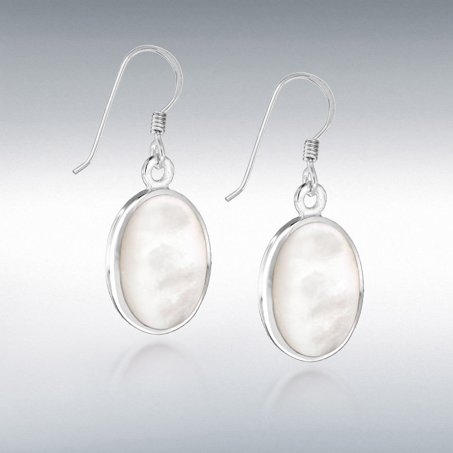 Sterling Silver Oval White 'Mother of Pearl' 12.5mm x 32.5mm Drop Earrings