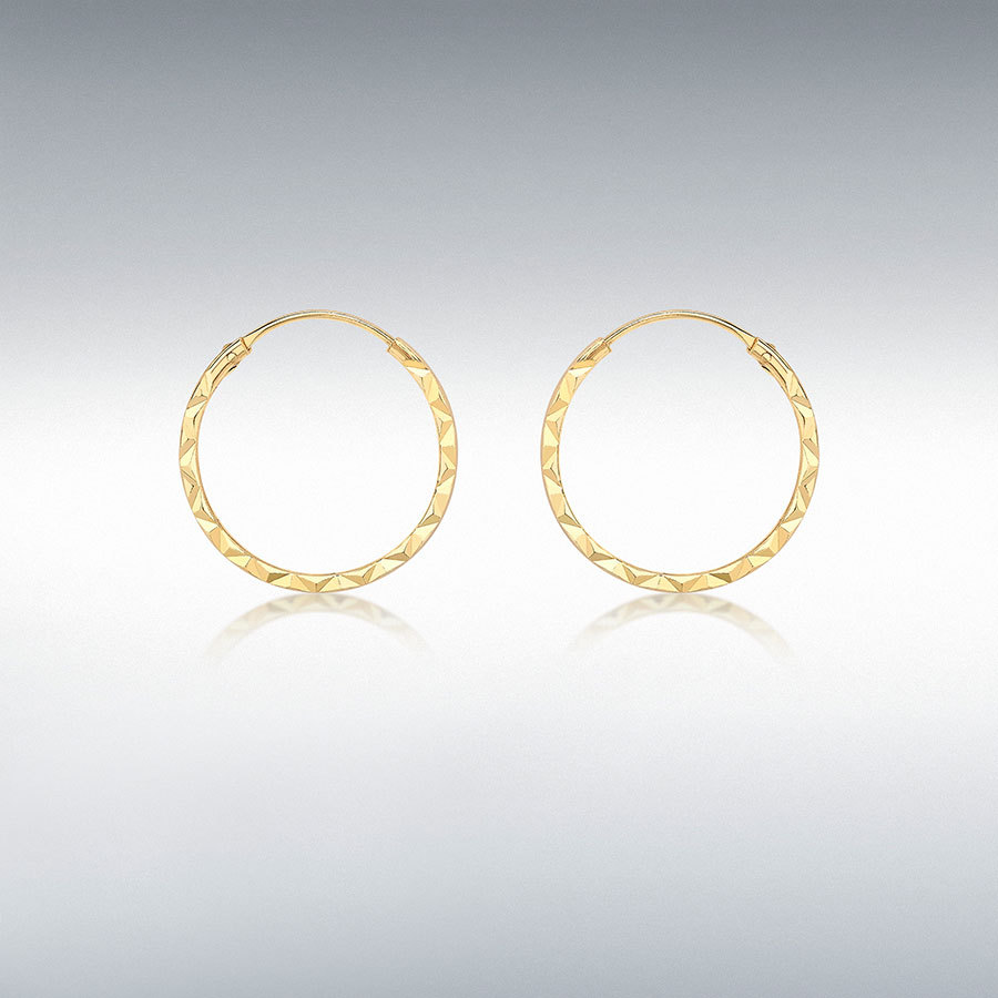 9ct Yellow Gold 1mm Tube 15mm Diamond Cut Hoop Earrings